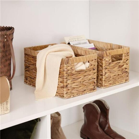 Water Hyacinth Wicker Storage Baskets Set of 2 Natural Organizer Bins - Picture 5 of 7